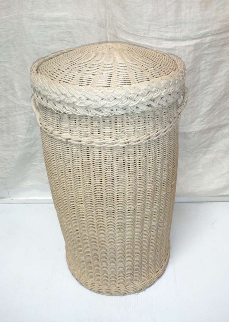 Original White Painted 19thc  Feather Basket w/ Lid