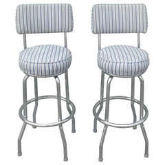 Pair of Chrome Mid Century Bar Stools W/ Ticking Seats 
Backs