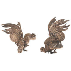 Heavy Silver Plated Bronze Pair of Roosters