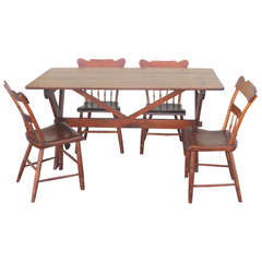 Antique Pennsylvania Pine Sawbuck Table and Set of Four Plank Bottom Chairs