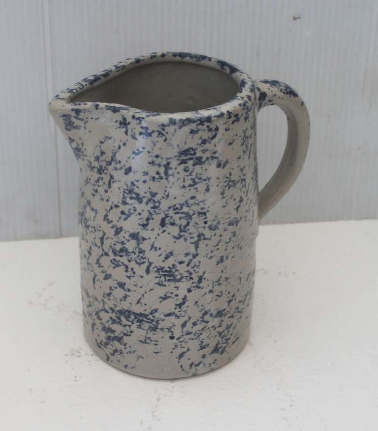 This is a most unusual 19th century speckled sponge ware pitcher is in great condition and works well with other sponge pitchers. Found in Pennsylvania private collection.