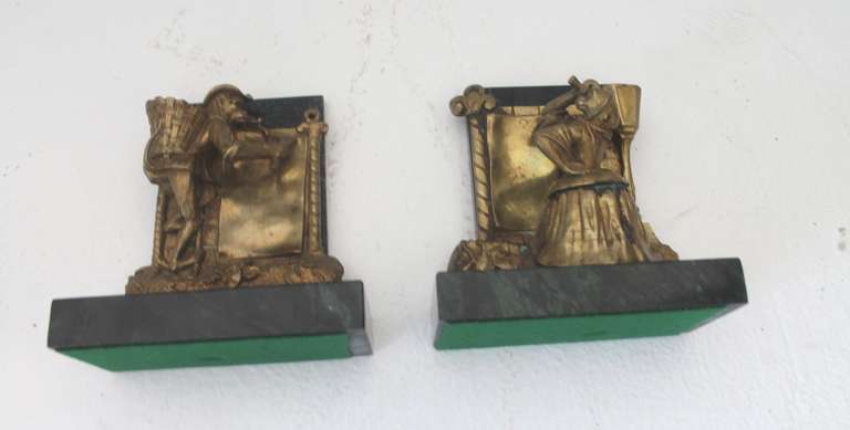 American Pair of Bronze Monkey and Green Marble Bookends For Sale