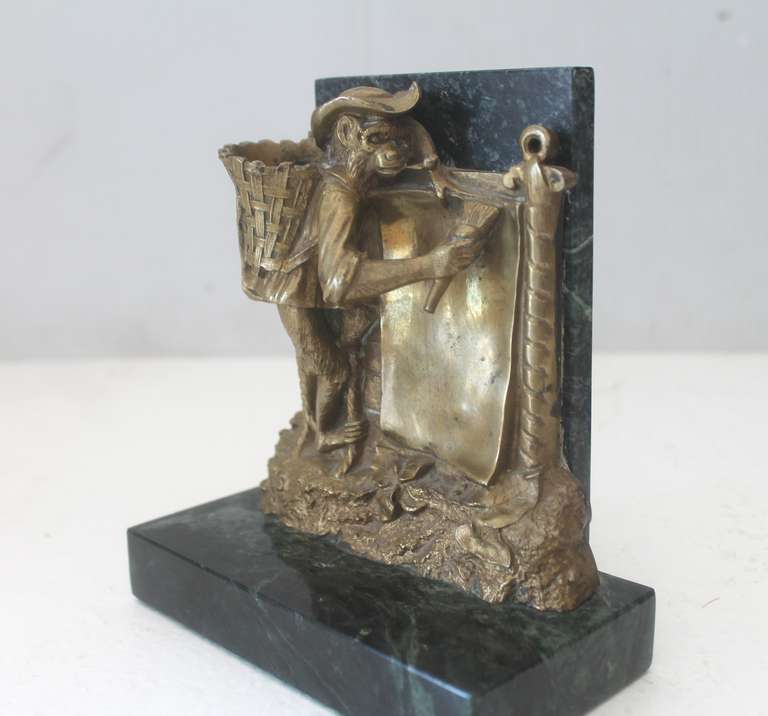 Pair of Bronze Monkey and Green Marble Bookends For Sale 1