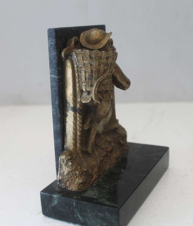 Pair of Bronze Monkey and Green Marble Bookends For Sale 3