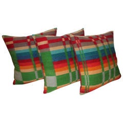 Pair of 19th Century Colorful Wool Horse Blanket Pillows 4
