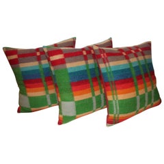 Antique Pair of 19th Century Colorful Wool Horse Blanket Pillows