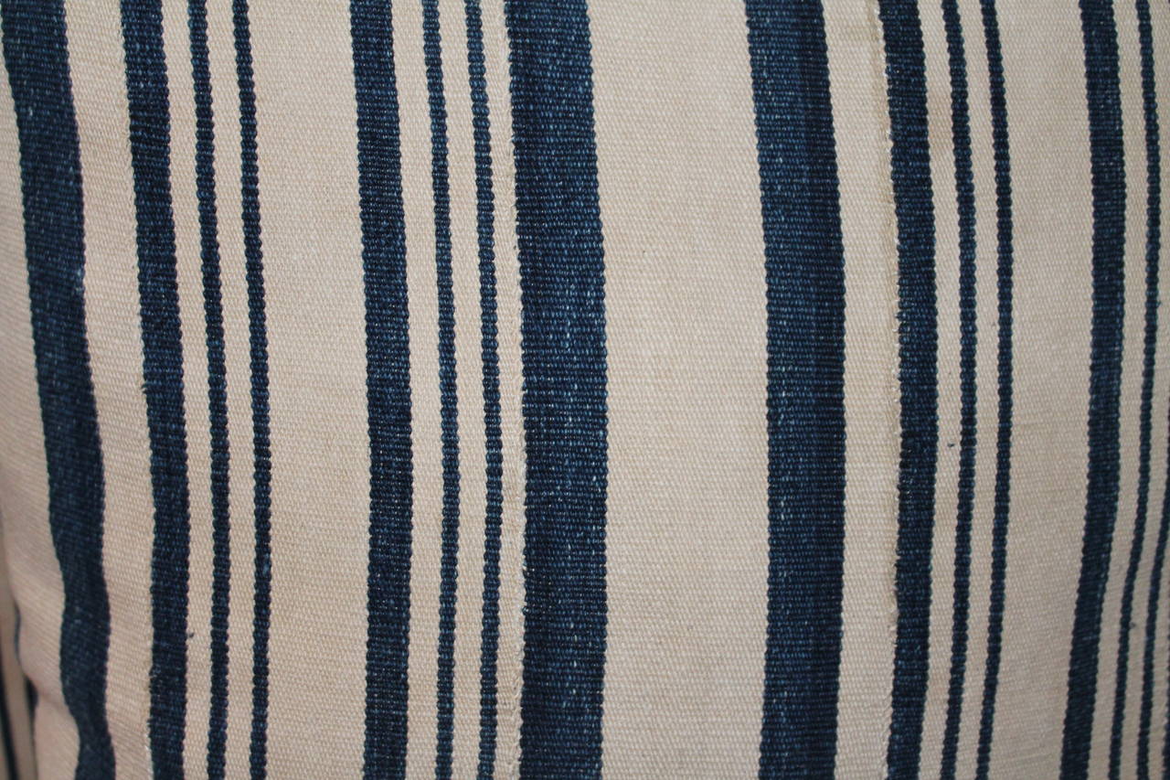 American Pair of European Thick Ticking Pillows in Blue and White