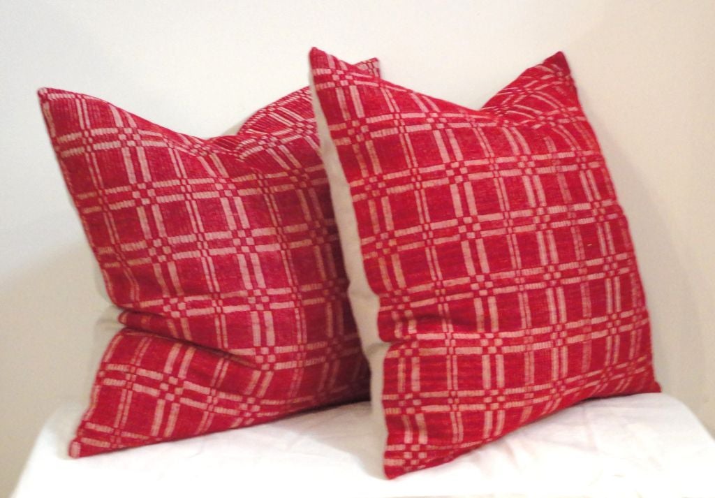 FANTASTIC 19THC EARLY HAND WOVEN RED AND WHITE JACQUARD COVERLET PILLOWS WITH 19THC HOMESPUN LINEN BACKING.SOLD INDIVIDUALY AT 395.00 EACH /FOUR IN STOCK.