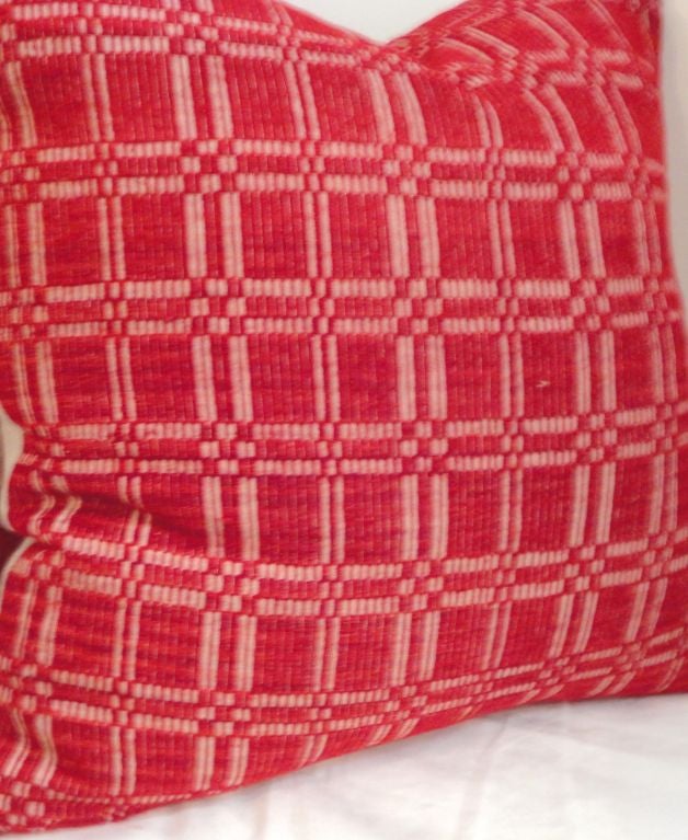 American 19thc Red&white Hand Woven Coverlet Pillows W/homespun Linenback