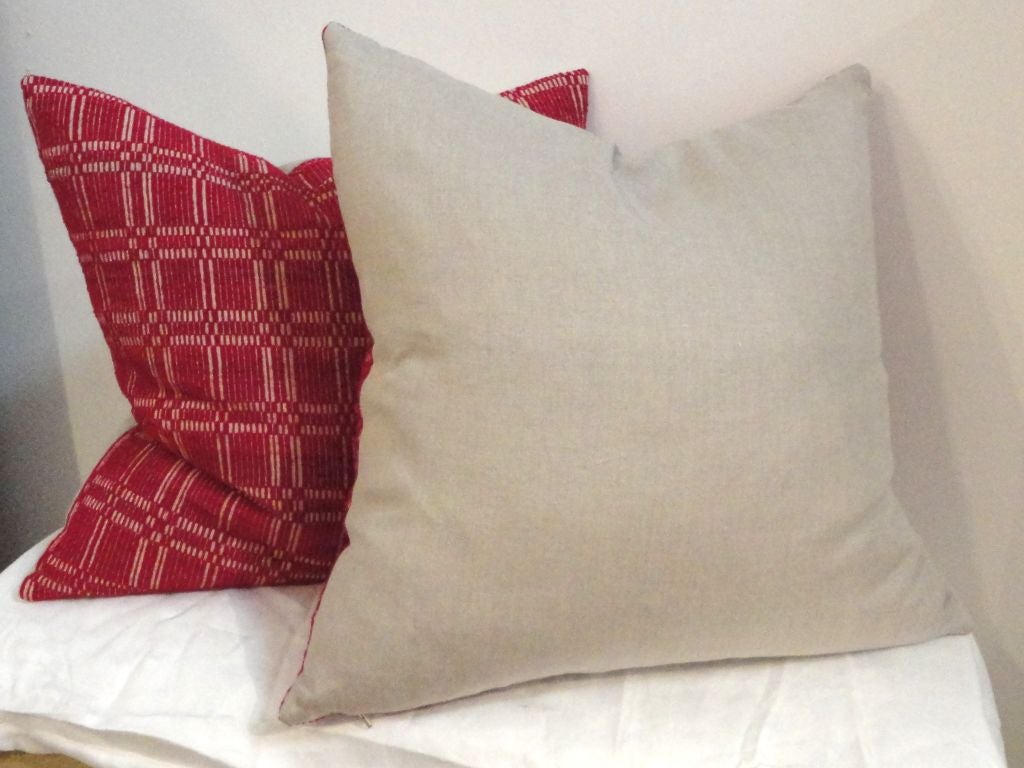 19th Century 19thc Red&white Hand Woven Coverlet Pillows W/homespun Linenback