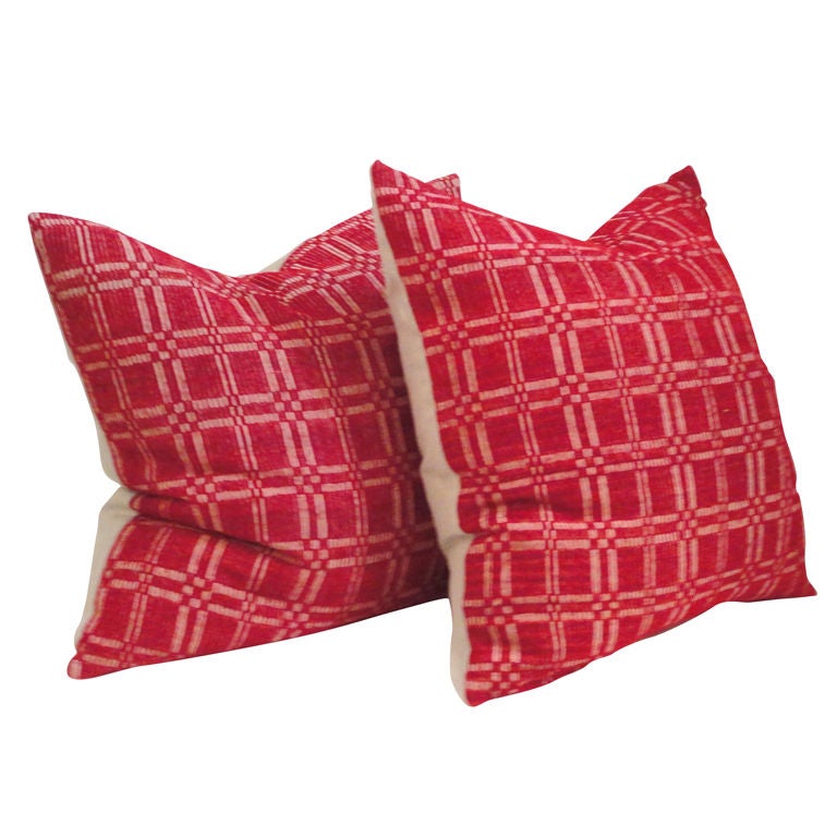 19thc Red&white Hand Woven Coverlet Pillows W/homespun Linenback
