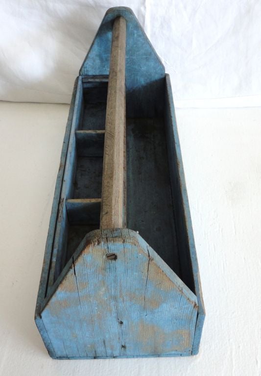 Pine 19thc Original Powder Blue Tool Carrier From New England