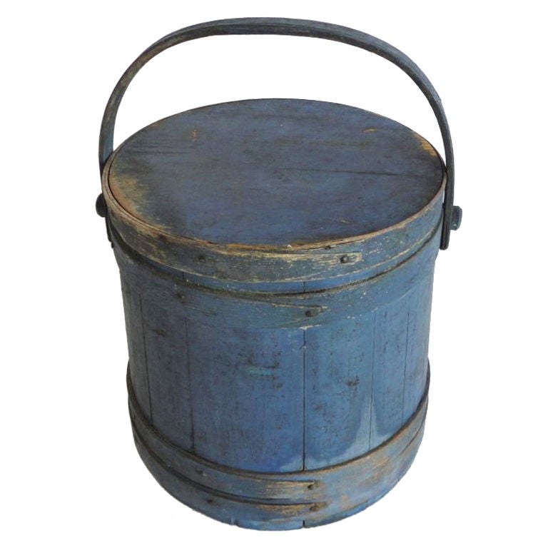 EARLY ORIGINAL 19THC BLUE PAINTED FIRKIN FROM NEW ENGLAND.THIS WONDERFUL BLUE FIRKIN IS IN GREAT CONDITION AND IS STAMPED OR SIGNED BY THE MAKER ON THE TOP OF THE LID.THIS IS A REAL STRONG FIRKIN.