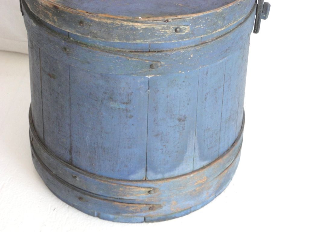 American 19thc Original Blue Painted Firkin From New England