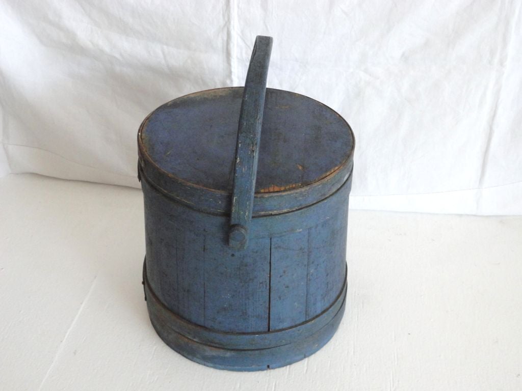 19th Century 19thc Original Blue Painted Firkin From New England
