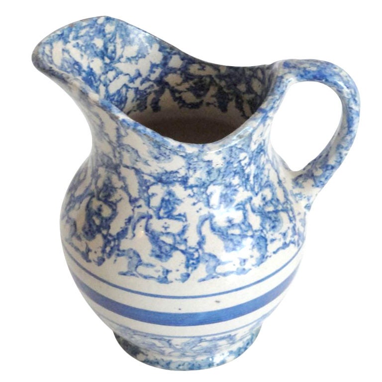 19thc Sponeware Pottery Water Pitcher From Pennsylvania