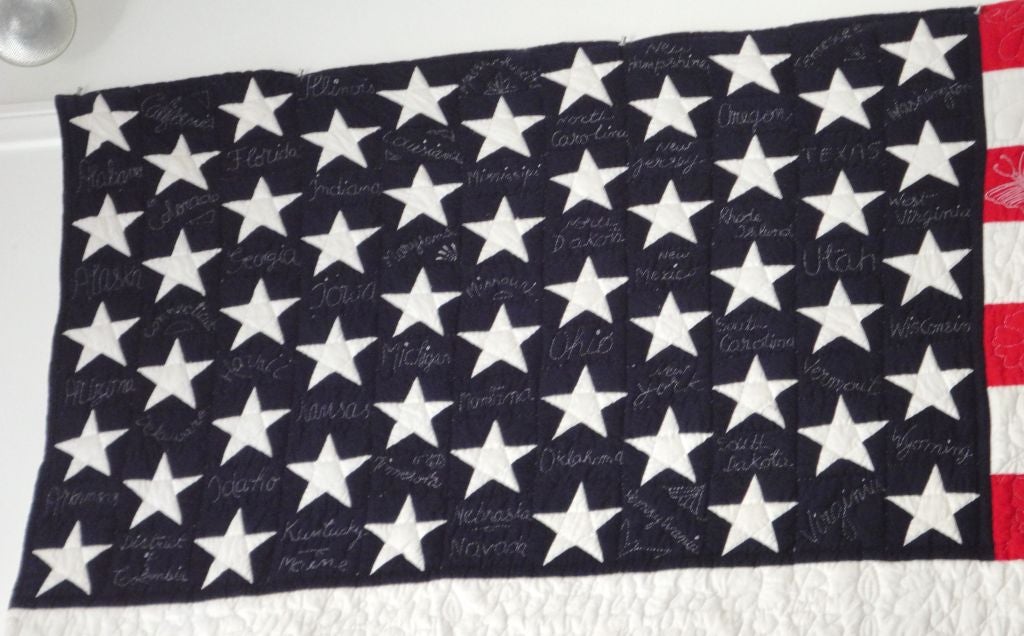 Fantastic Late 20thc Embrdered Flag Quilt W/presidents Names