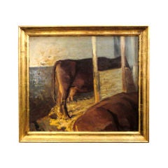 Fantastic 20thc Oil On Canvas Signed Cow Painting In Barn