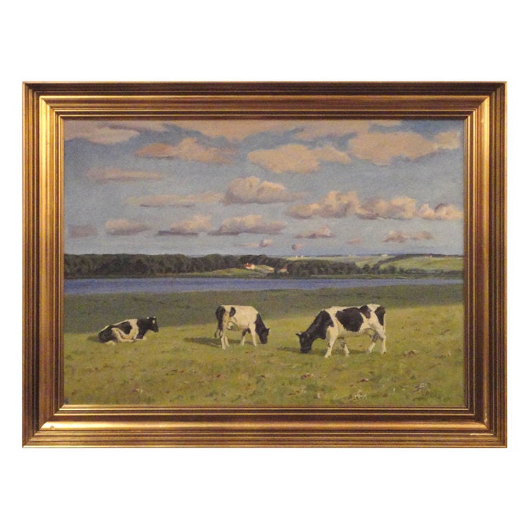 Early Signed" Valdemar Mau "cows Grazing Oil Painting