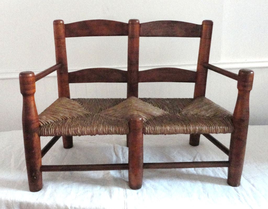 19thc Childs Settle Bench From New England W/original Rush Seat