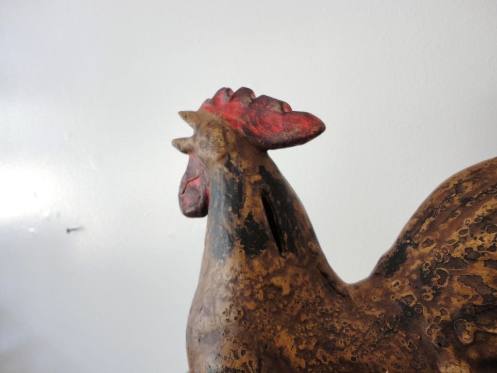 American 19thc Original Painted Rare  Redware Rooster Bank