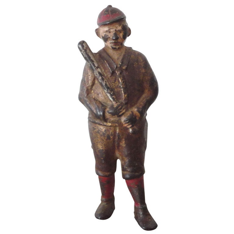 19thc Original Painted Cast Iron  Baseball Player Bank