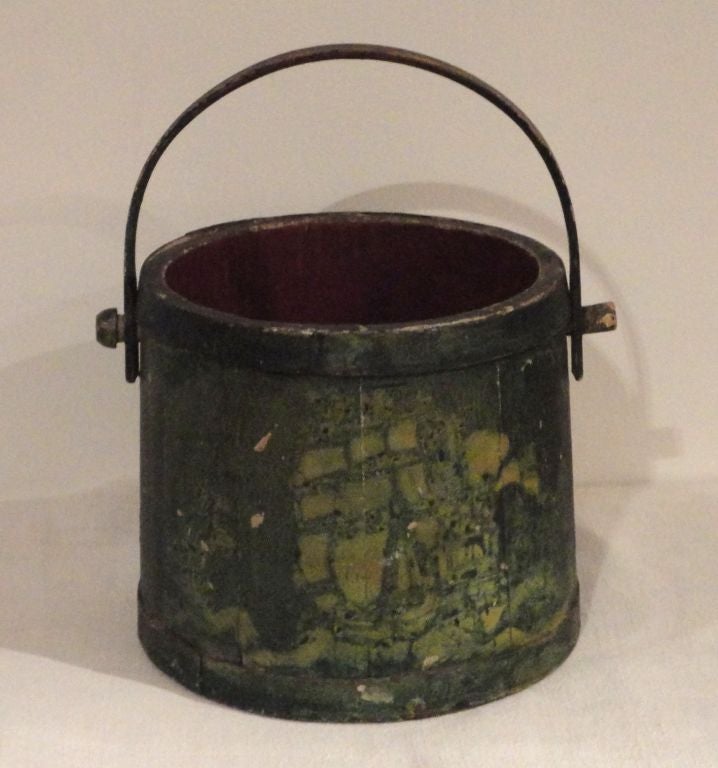 19th Century Nautical Original Painted and Decorated Water Bucket from NE