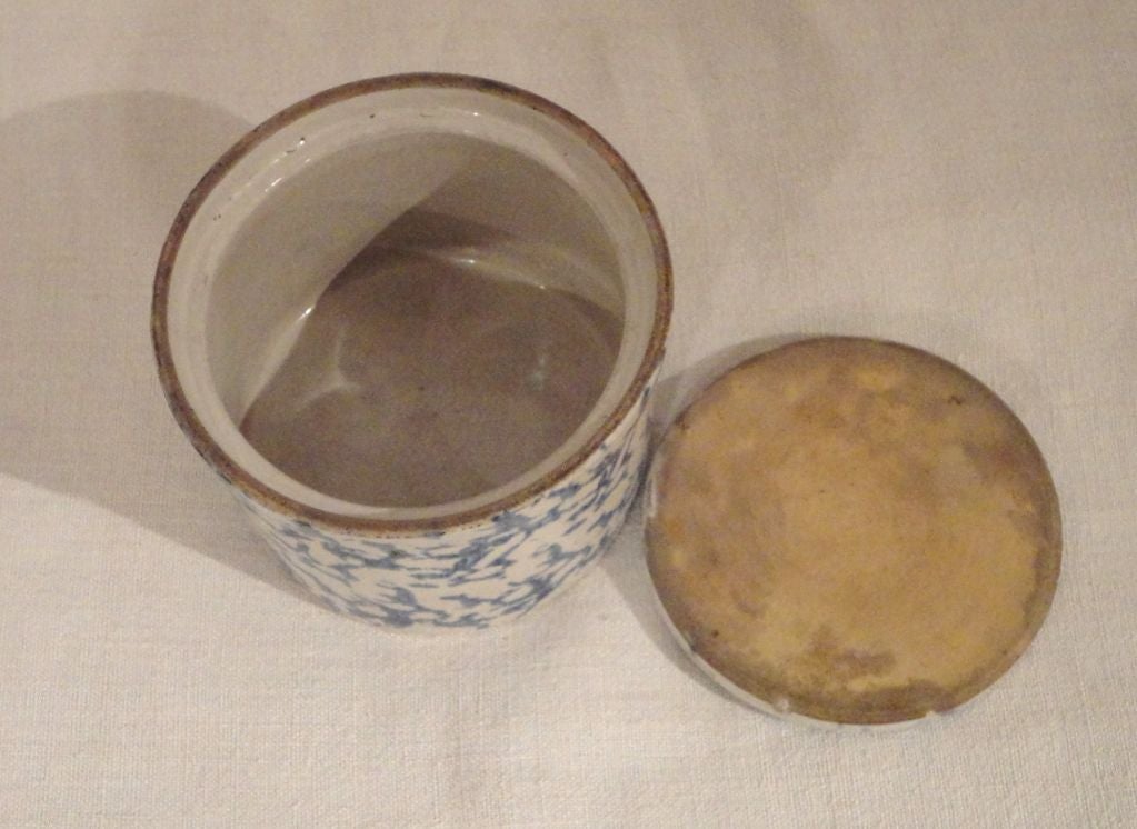 19th Century 19thc Spongeware Salt Crock W/ Lid Great Form
