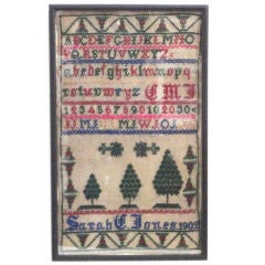 Antique Signed & Dated 1902   Sampler W/  Pine Trees