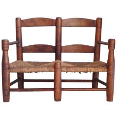 Early 19thc New England Childs Settle Bench W/original Rush Seat