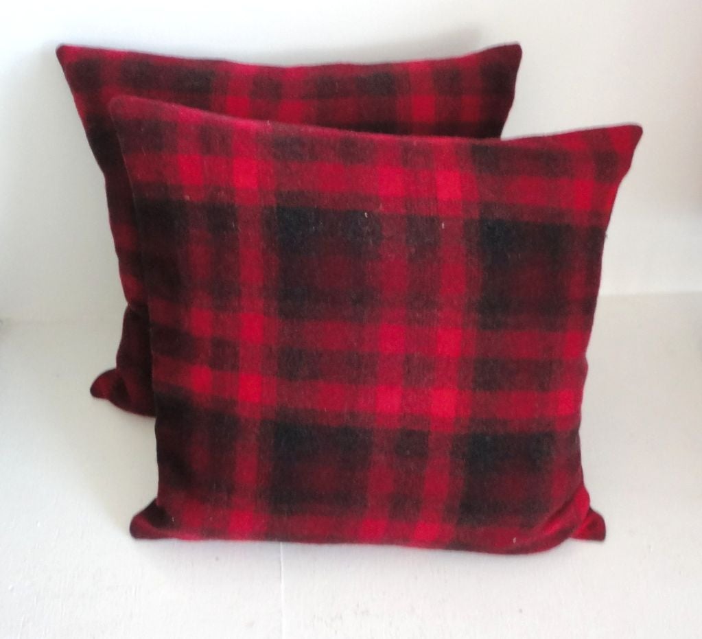 1930's Buck Plaid Wool Pendleton Blanket Pillows W/black Linen