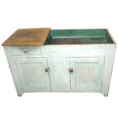 19thc Original Cream Over Green Painted Dry Sink