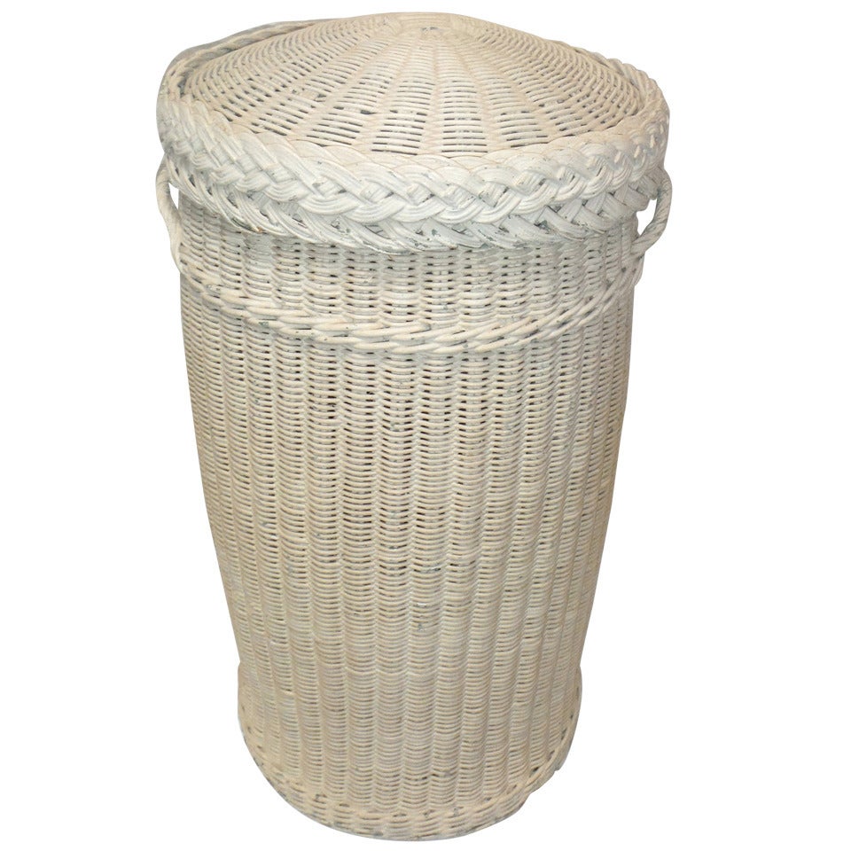 Original White Painted 19thc  Feather Basket w/ Lid