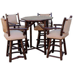 Set of Five Old Hickory Swivel Bar Stools and Bar Table