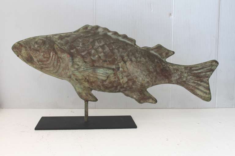 This copper full body New England fish weather vane was found in Cape Cod and has a amazing verdigris surface. The form is wonderful and the condition is very good with wear consistent with age. It is on a custom made iron mount. This was probably