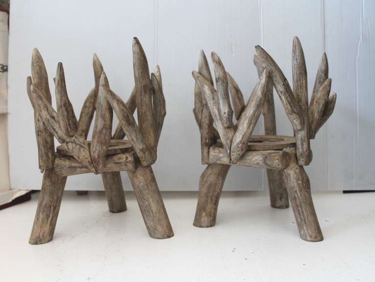 Pair of folky painted twig wood planters or urns. This fo paint looks like deer horns but is not. They are made of wood twigs and very sturdy. Sold as a pair. They are in a grungy cream painted surface.