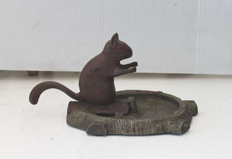 Original  Painted Squirrel  and  Log Base Nut Cracker In Distressed Condition In Los Angeles, CA