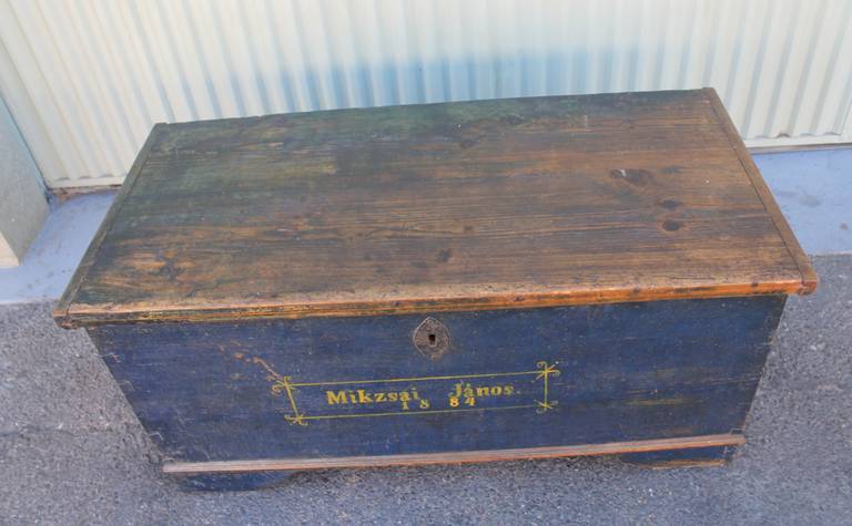 19th Century Original, Blue Painted Blanket Chest In Good Condition In Los Angeles, CA