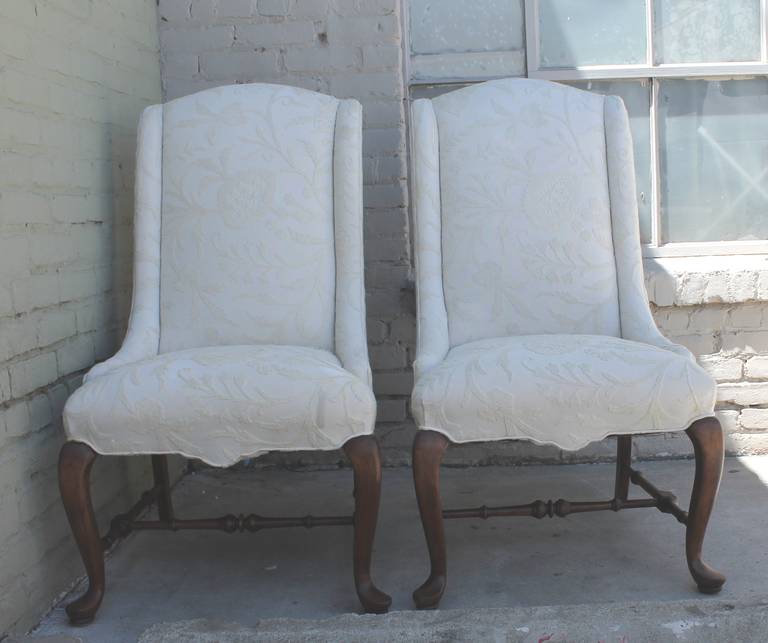 American Pair of Tall Back Wing Chairs Upholstered in Crewel Work Fabric