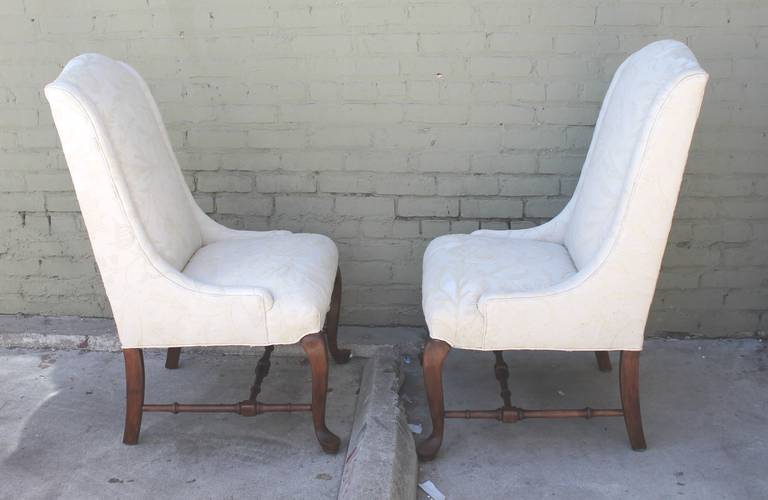 Mid-20th Century Pair of Tall Back Wing Chairs Upholstered in Crewel Work Fabric