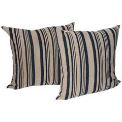 Pair of European Thick Ticking Pillows in Blue and White