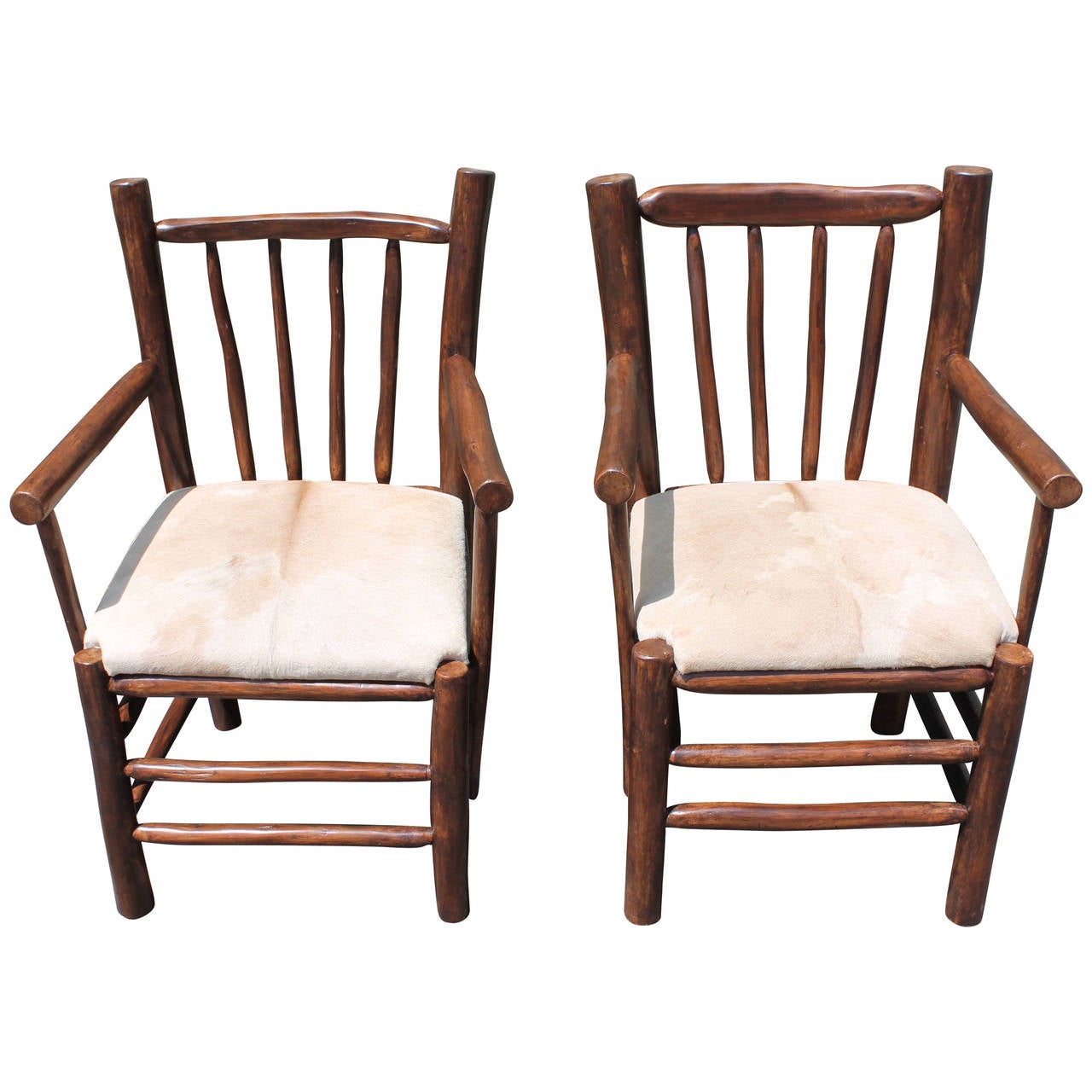 Pair of Rustic Hickory Chairs With Cow Hide Seats For Sale at 1stdibs