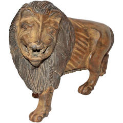 19th Century Hand-Carved and Painted Folky Wooden Lion