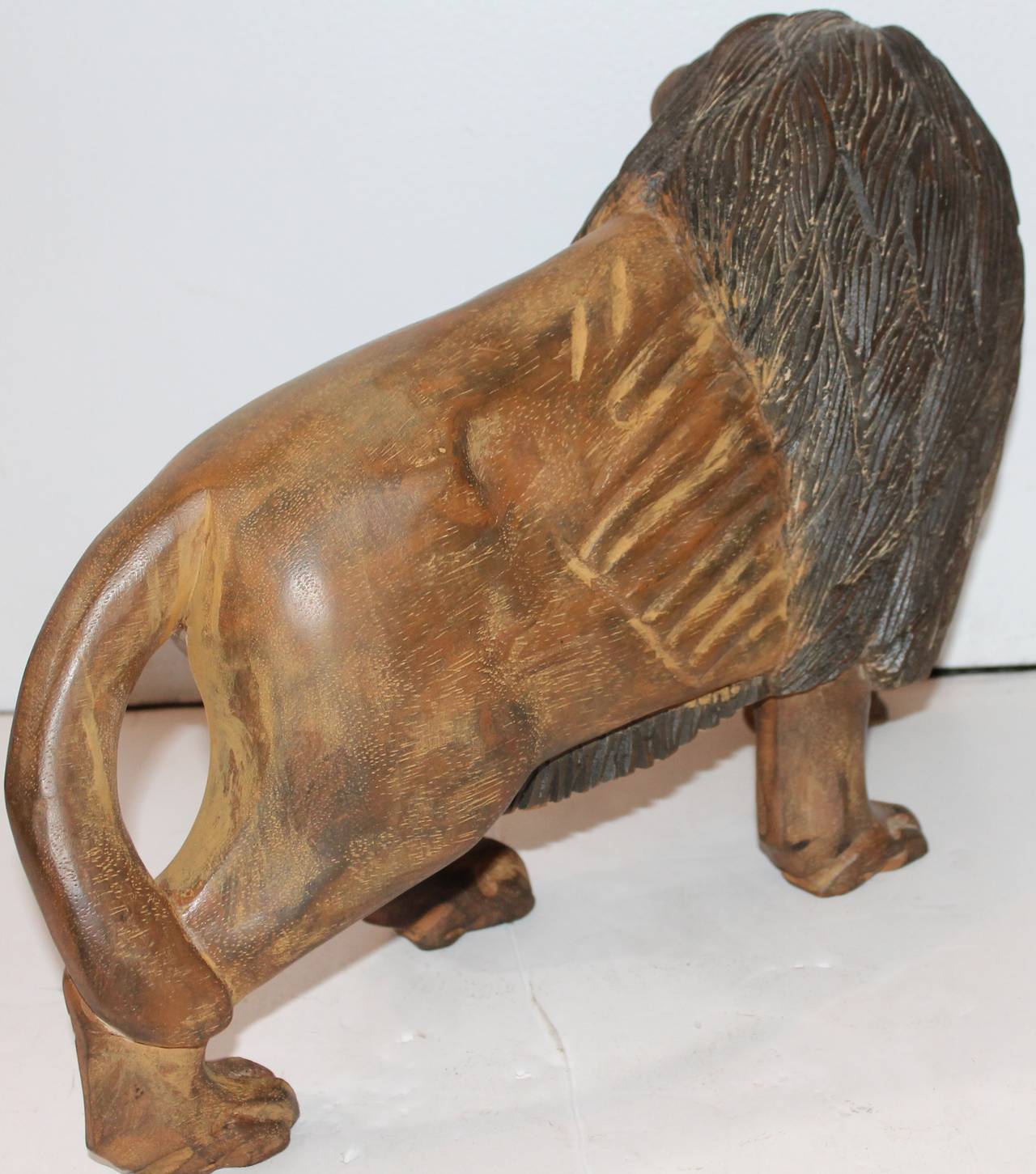 Folk Art 19th Century Hand-Carved and Painted Folky Wooden Lion
