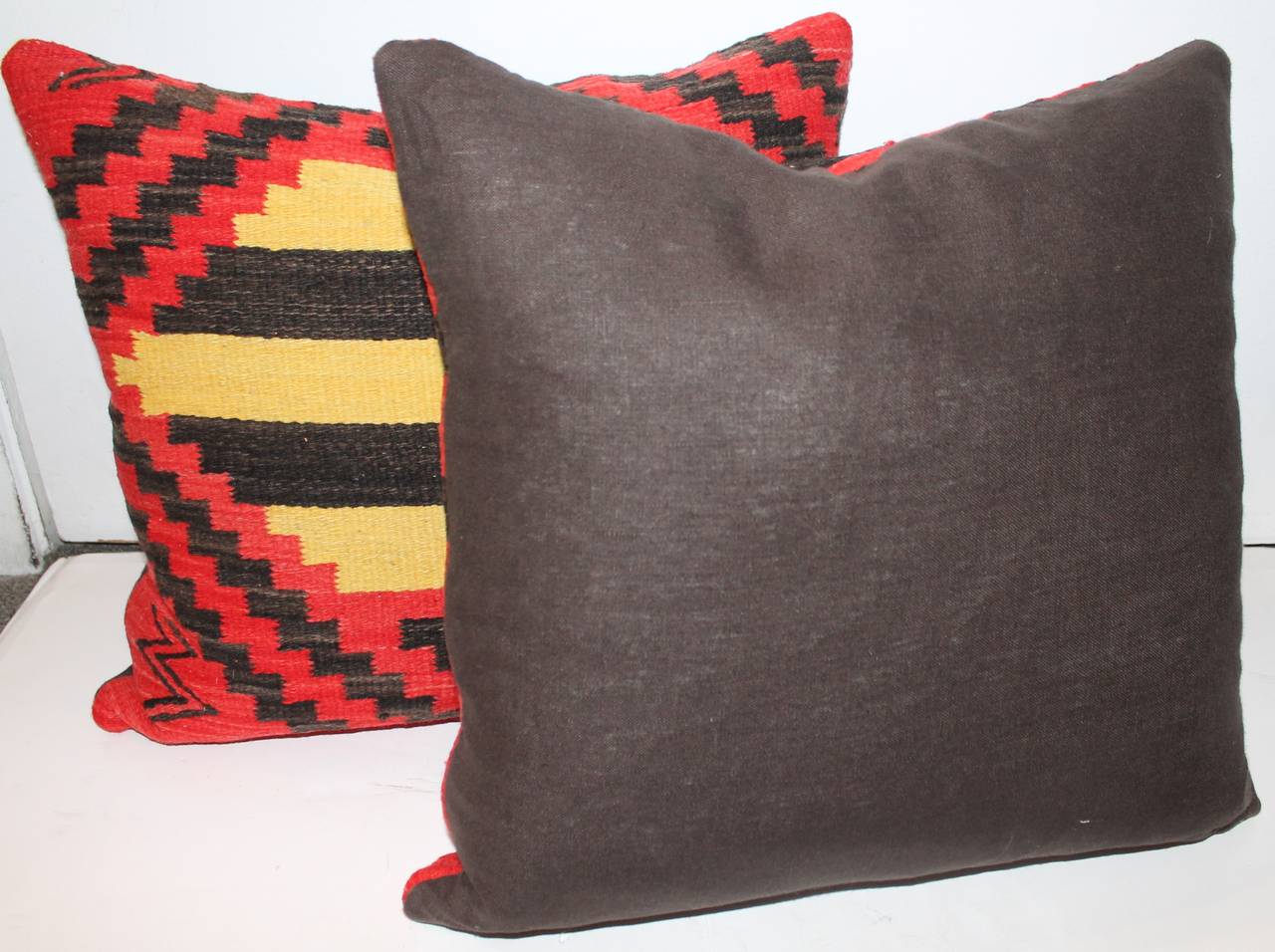 Hand-Woven Pair of Geometric Navajo Indian Weaving Pillows For Sale