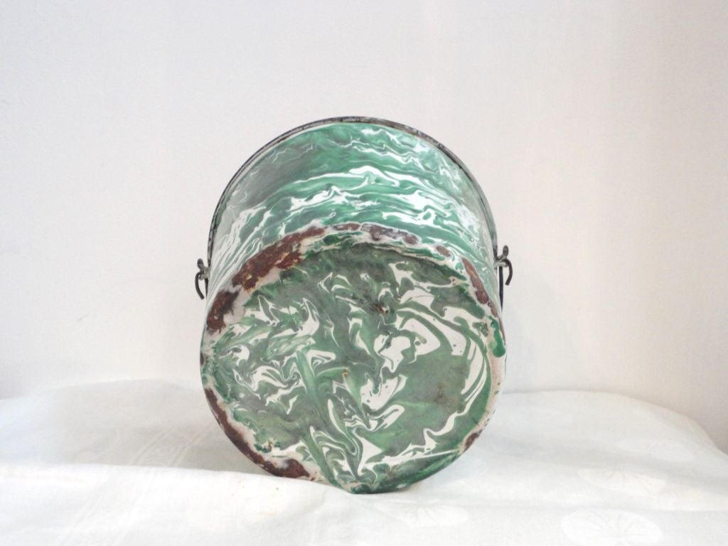 American 19thc Green & White Swirl Granite  Ware Bucket From Pennsylvania