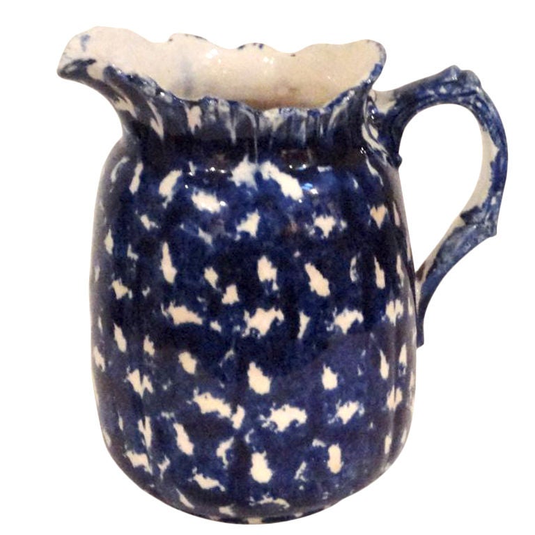 19thc Blue & White Sponge Ware Pitcher In Deep Indigo Blue