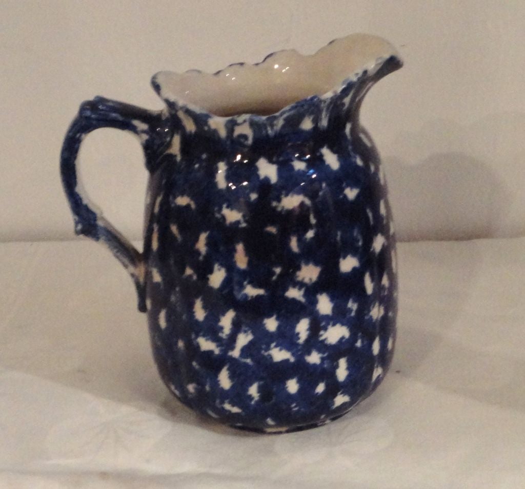 19th Century 19thc Blue & White Sponge Ware Pitcher In Deep Indigo Blue