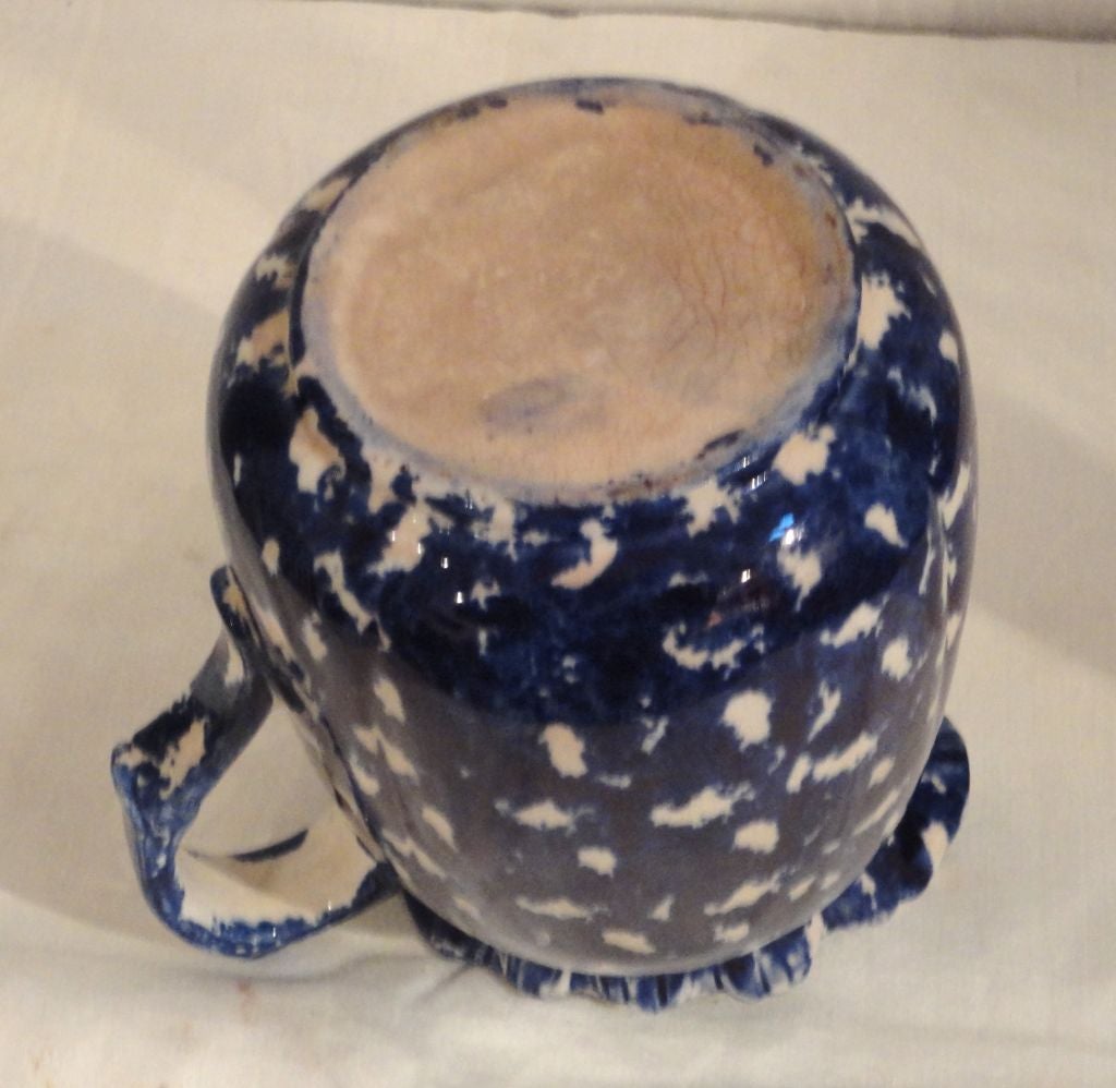 Pottery 19thc Blue & White Sponge Ware Pitcher In Deep Indigo Blue