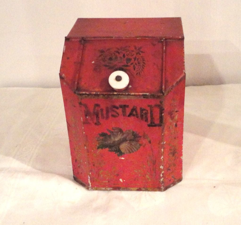 19thc Original Salmon Painted Mustard Tin W/porcelan Knob